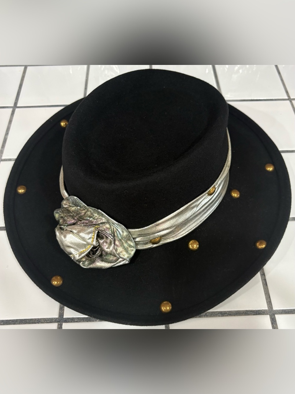 Vintage 100% Wool Felt Wide-Brim Hat with Silver Band and Rose Accent
